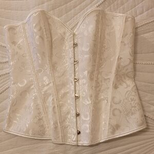 White Sexy Corset Tapestry Strapless Bra, Tie Back. Front with modern hooks